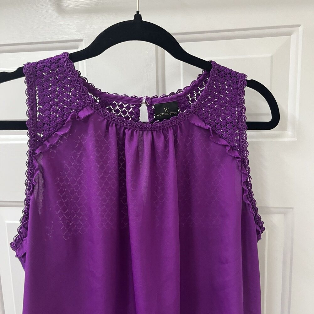 Worthington Sleeveless Blouse Top Womens XL Purple Colorblock Crochet Mardi Gras - Picture 5 of 7
